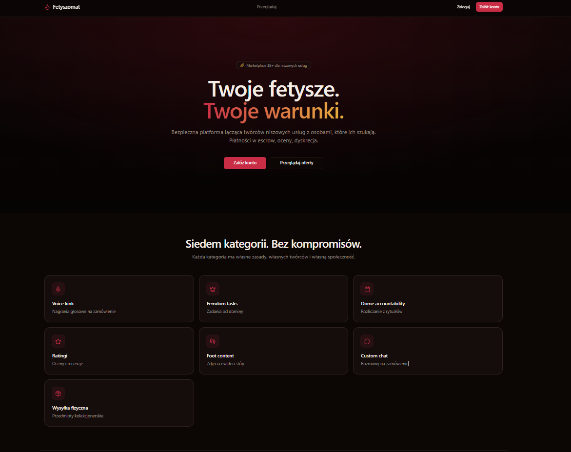 Zrzut ekranu platformy marketplace z kategoriami ofert
